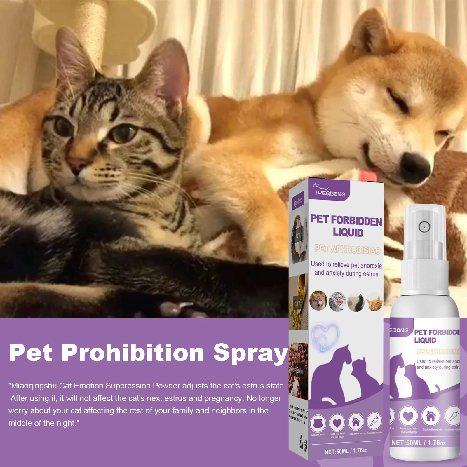 50ML Pet Prohibiton Spray To Improve The Heat Agitation Mood Suppression Lust Conditioning Spray For Dogs And Cats
50ML Pet Prohibiton Spray To Improve The Heat Agitation Mood Suppression Lust Conditioning Spray For Dogs And Cats