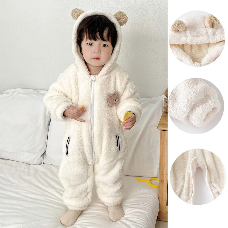 

Winter 2023 Baby Boys Rompers Thickened Double-layer Plush Insulation Infant Boys Bodysuit Hooded Warm Newborn Boys Snowwears