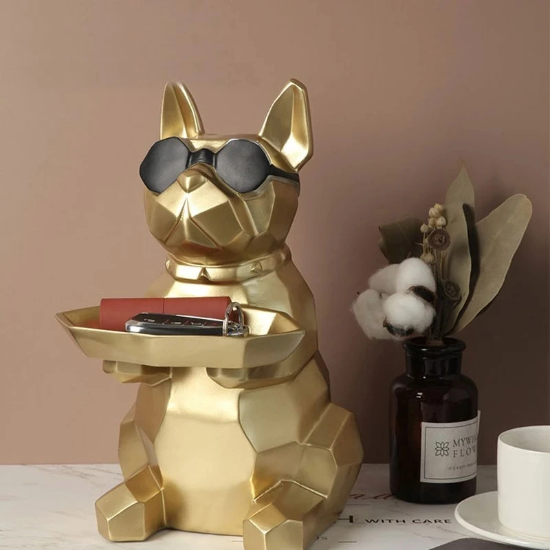 

French Bulldog Figurine with Tray Sculpture Desk key Storage Statue Decorative Coin Bank Home Room Decoration Nordic tissue boxe
