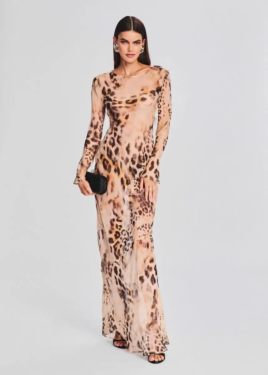 

Leopard print halo print long sleeved strappy backless vacation style long dress