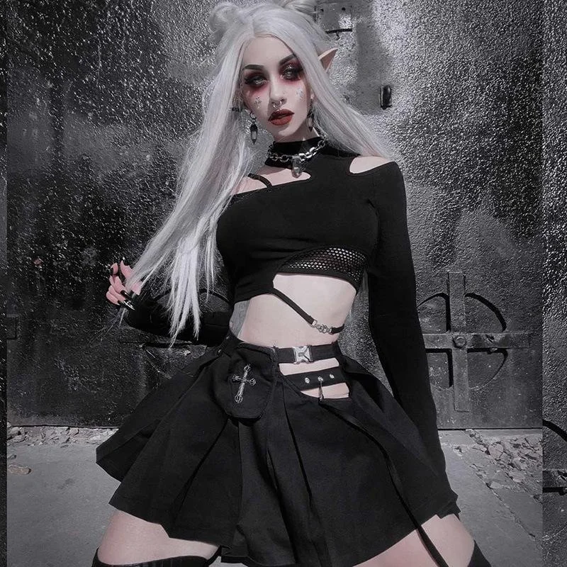 

Women's Gothic Punk Grunge Pleated Zipped Mini Skirt Set Asymmetrical Cutout Crop Tops Cross Buckles Detail(without Small Bag)