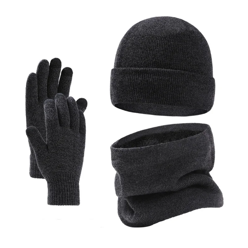 

Winter hat scarf gloves three-piece set men's knitted hat plus velvet winter woolen hat scarf simple solid color