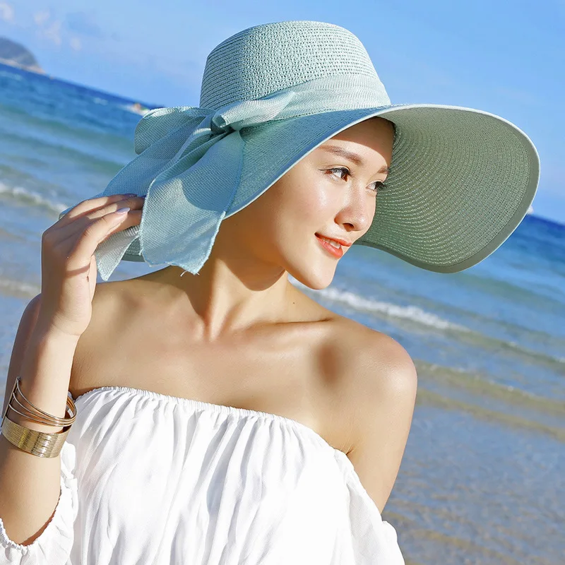 

2023 Summer Women Straw Hat Bowknot Wide Brim Floppy Panama Hats Female Lady Outdoor Foldable Beach Sun Cap Uv Protection Hats