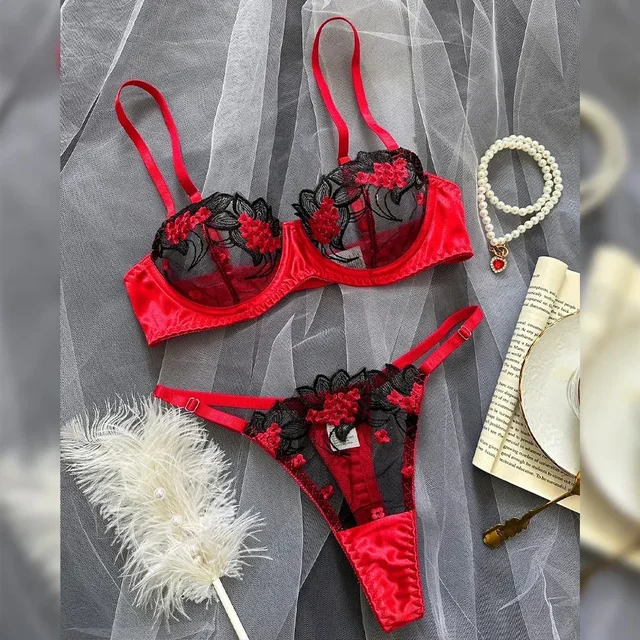 Ensemble de lingerie érotique en dentelle de paupières pour femmes, sous-vêtements transparents, broderie 7.0, beaux ensembles de soutien-gorge et culotte, sexy, 2 pièces 2