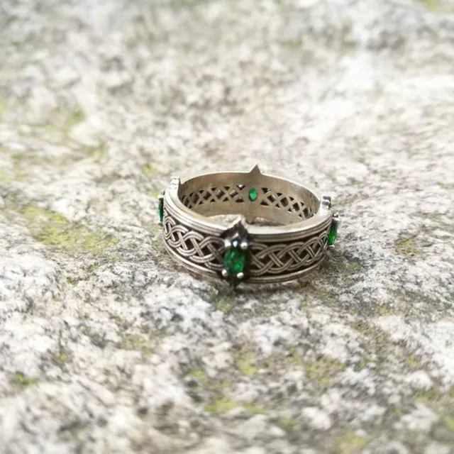 Bague à Nministériels d Celtique Vintage en Pierres Précieuses Vertes, Anneau Ouvert et Réglable, Bijoux Porte-Bonheur pour Homme et Femme 1