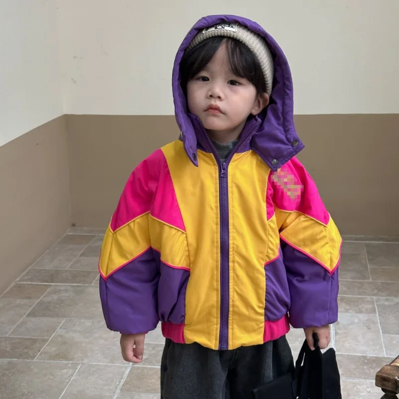 

Детское пальто с капюшоном и хлопковой подкладкой, теплая кашемировая зимняя куртка контрастных цветов для мальчиков и девочек, новинка 2023, зимняя одежда