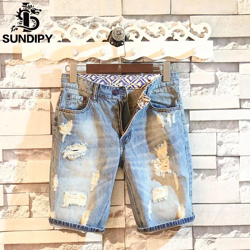 

Summer 2022 Casual Hip Hop Men's Denim Shorts Slim Korean Blue Fashion Beggars Streetwear Ripped Holes Short Jeans Pants For Man