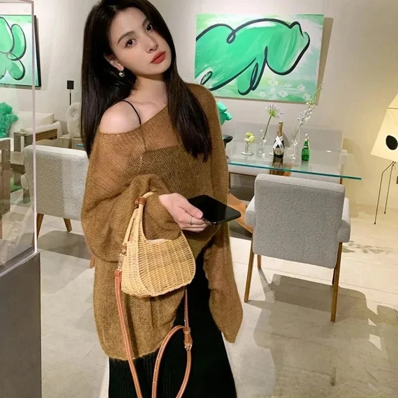 Solid Color Women Pullover Mohair Sweater Loose Oversized Sexy Off Shoulder Hollow Knit See Through Harajuku Long Sleeve Sweater
Solid Color Women Pullover Mohair Sweater Loose Oversized Sexy Off Shoulder Hollow Knit See Through Harajuku Long Sleeve Sweater