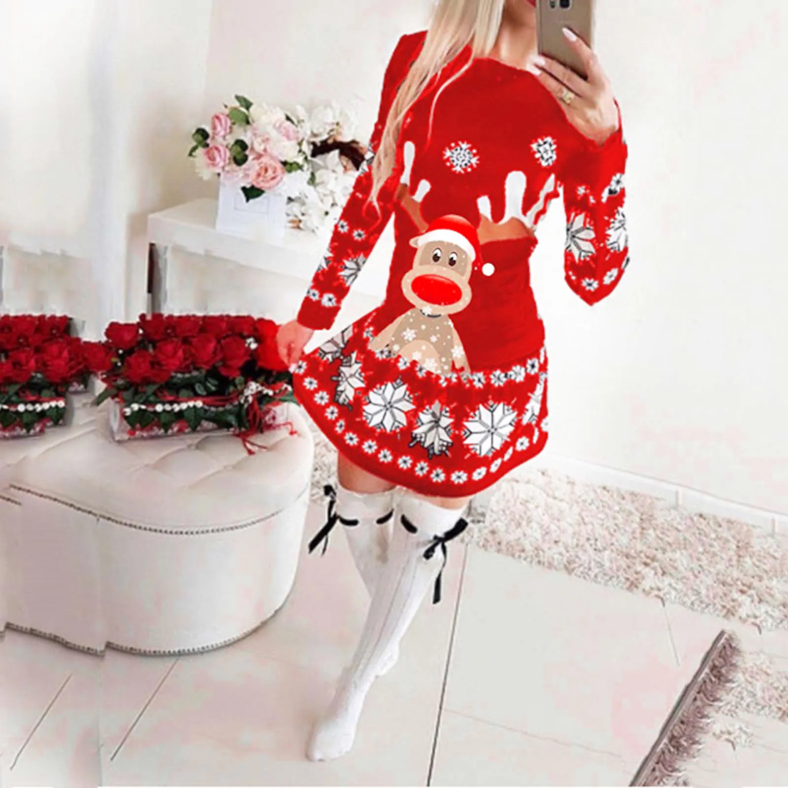 

Women Vintage Christmas Dresses Autumn Xmas Long Sleeve Snowflake Printed Party Vestidos Formal Red New Year Reindeer Hoodies
