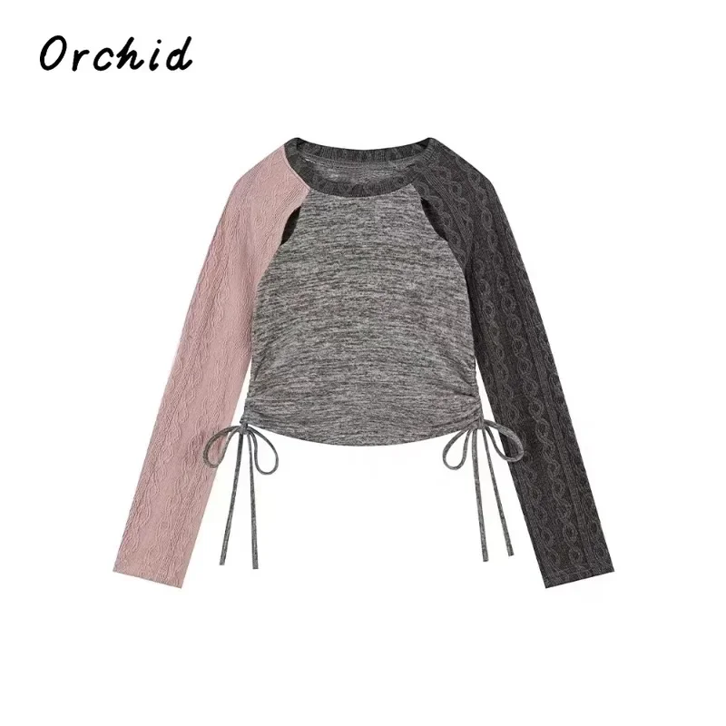 

Hotsweet Casual Round Neck Knitting Long Sleeve Pullovers 2023 Winter Women Patchwork Sheath Ladies Sexy Lace-up Sweater