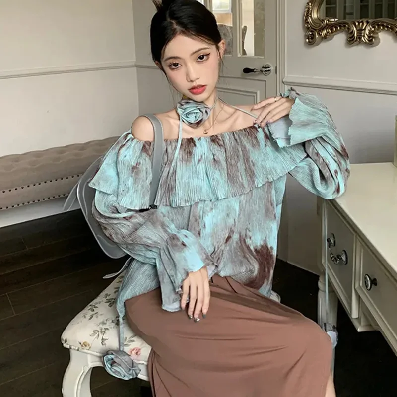 Элегантная блузка Tie-Dye, Женский Блестящий плиссированный пуловер с воротником-лодочкой, открытыми плечами и оборками, шифоновые топы для весны и лета
Элегантная блузка Tie-Dye, Женский Блестящий плиссированный пуловер с воротником-лодочкой, открытыми плечами и оборками, шифоновые топы для весны и лета