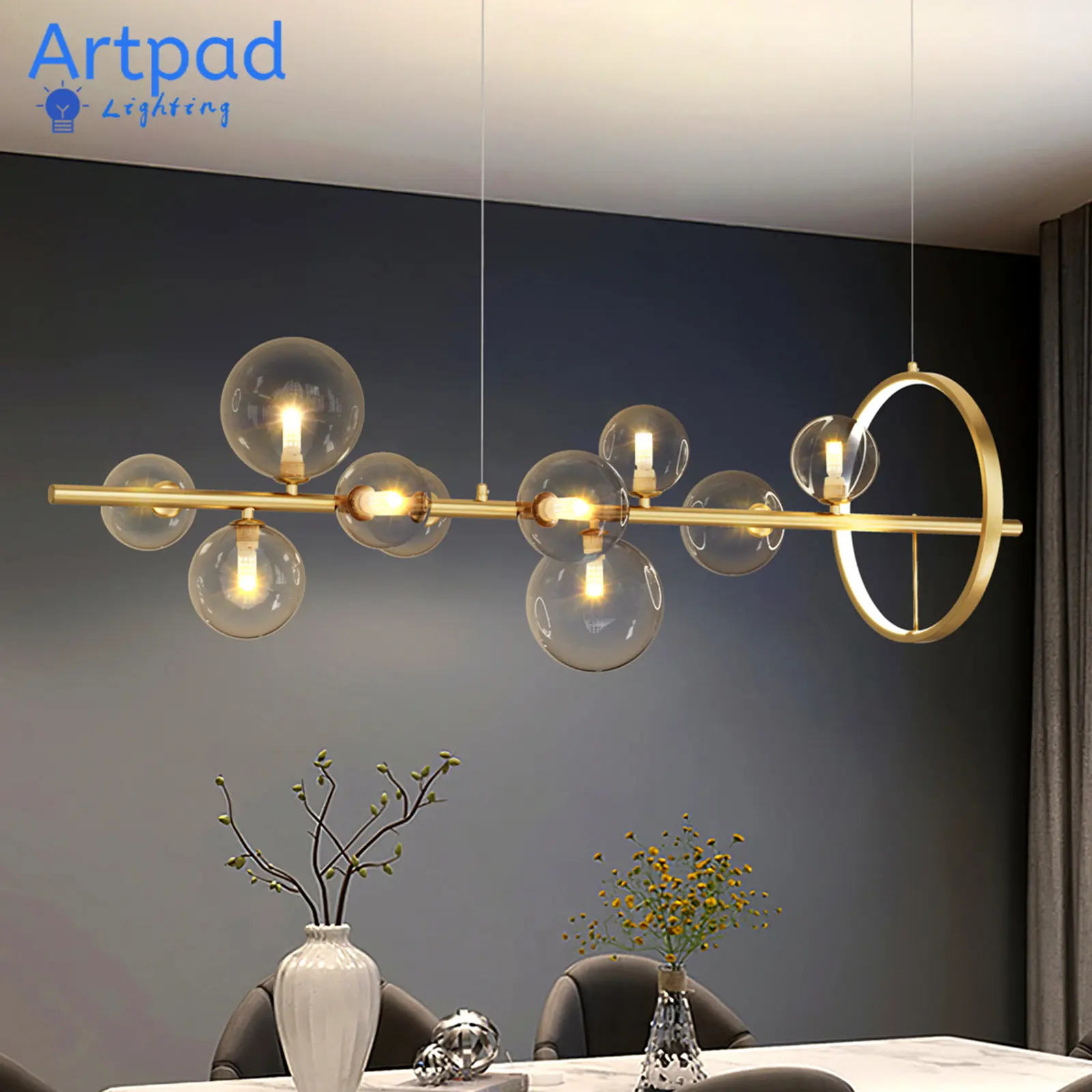 

Modern Gold Luster Chandelier LED Lighting Nordic Glass Bubble Lampshade for Dining Room Black Hanging Pendant Light G9 Bulb