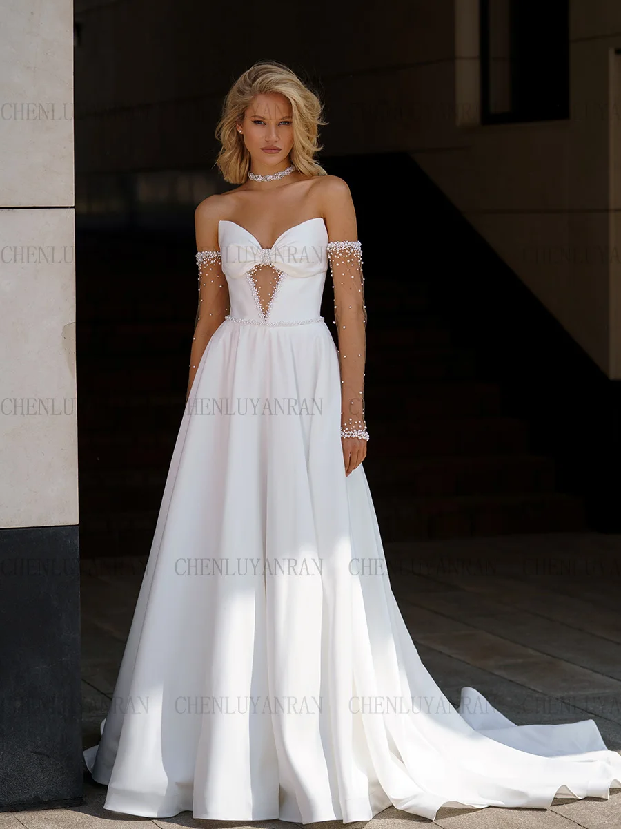 

Satin Long Wedding Dresses Sweetheart A-Line Pearls Ivory Bride Dresses Long Sleeves Elegant Dress For Women 2023 Robe De Mariée