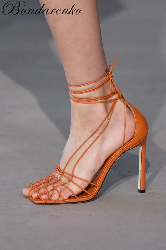 Orange Square Toe Lace up High Heels Straps Mesh Leather Black Pink Sandals Runway Luxury Designer Women Summer Shoes
Orange Square Toe Lace up High Heels Straps Mesh Leather Black Pink Sandals Runway Luxury Designer Women Summer Shoes