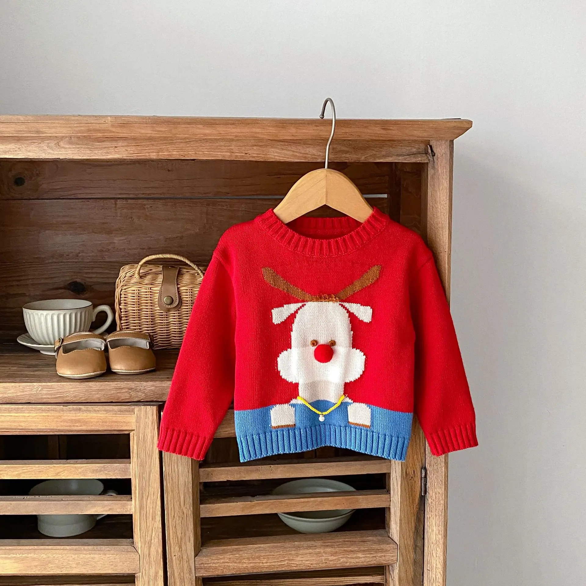 

Осенне-зимний детский милый вязаный свитер для девочек милый красный Рождественский пуловер с оленем Джемперы однотонный винтажный трикотажный топ с мультяшным рисунком
