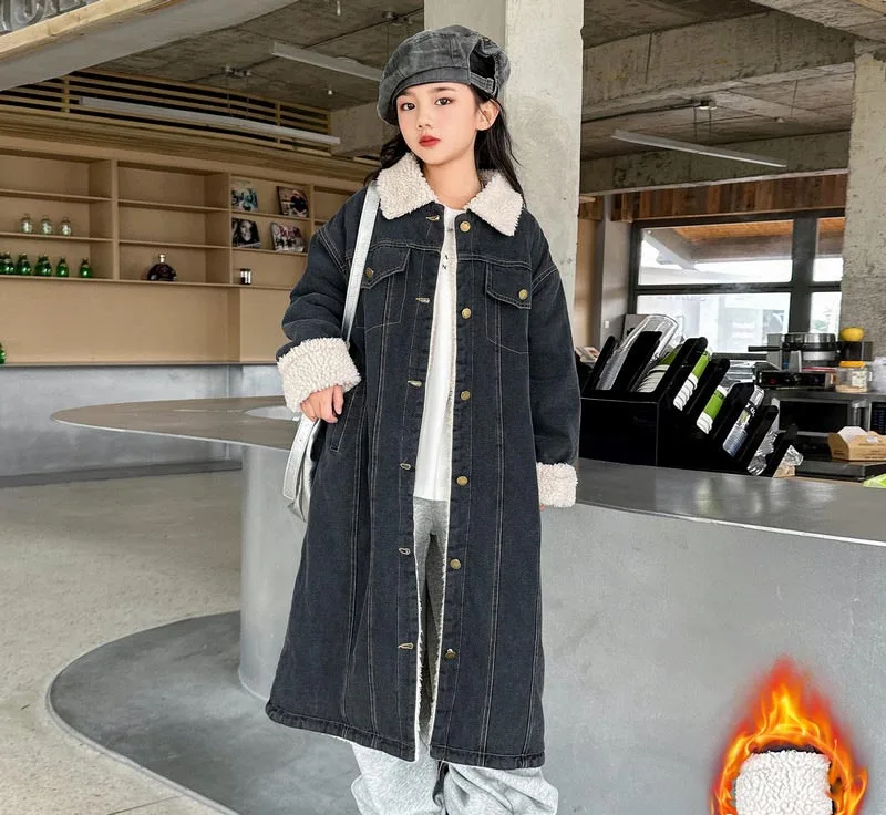 Korean Winter School Girl Long Plus Velvet Denim Jacket Teenager Girl Thicken Warm Windproof Coat Child Girl Outwears 4-14Yrs
Korean Winter School Girl Long Plus Velvet Denim Jacket Teenager Girl Thicken Warm Windproof Coat Child Girl Outwears 4-14Yrs