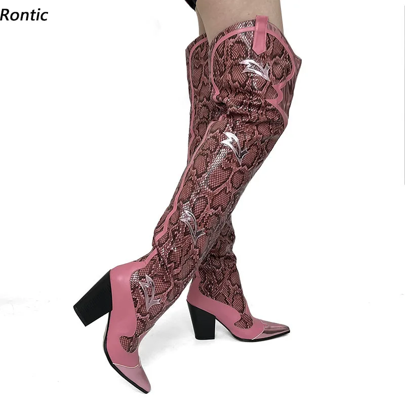 

Rontic Hot Women Winter Boots Snake Pattern Slip On Chunky Heels Pointed Toe Pretty Pink Night Club Shoes US Size 5-10.5