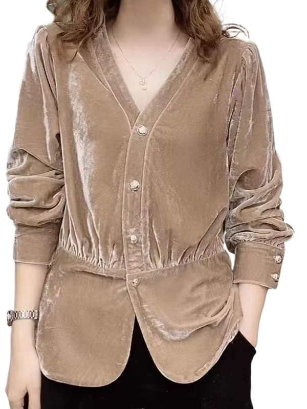 

2023 New Golden Velvet Top Female Spring Autumn Temperament Collar Long-sleeved Shirt Thin Cover Belly with Thick Bottom Shirt