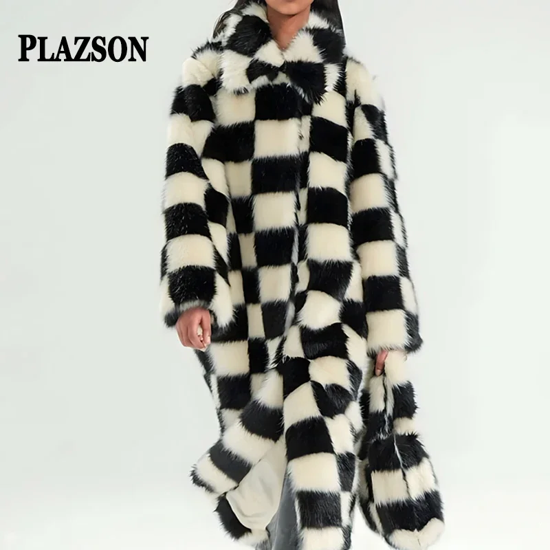 

PLAZSON Women Fashion Checkerboard X-long Fur Coat 2023 Winter New Outwear Imitation Rex Rabbit Hair Long Over Knee Coat Female