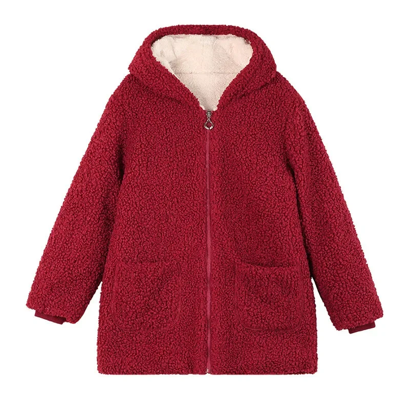 

Winter Mid-Long Cotton Coat Women 2023 New Fashion Cashmere Wool Jacket Thicken Pure Colour Hooded Zipper Outerwear Female