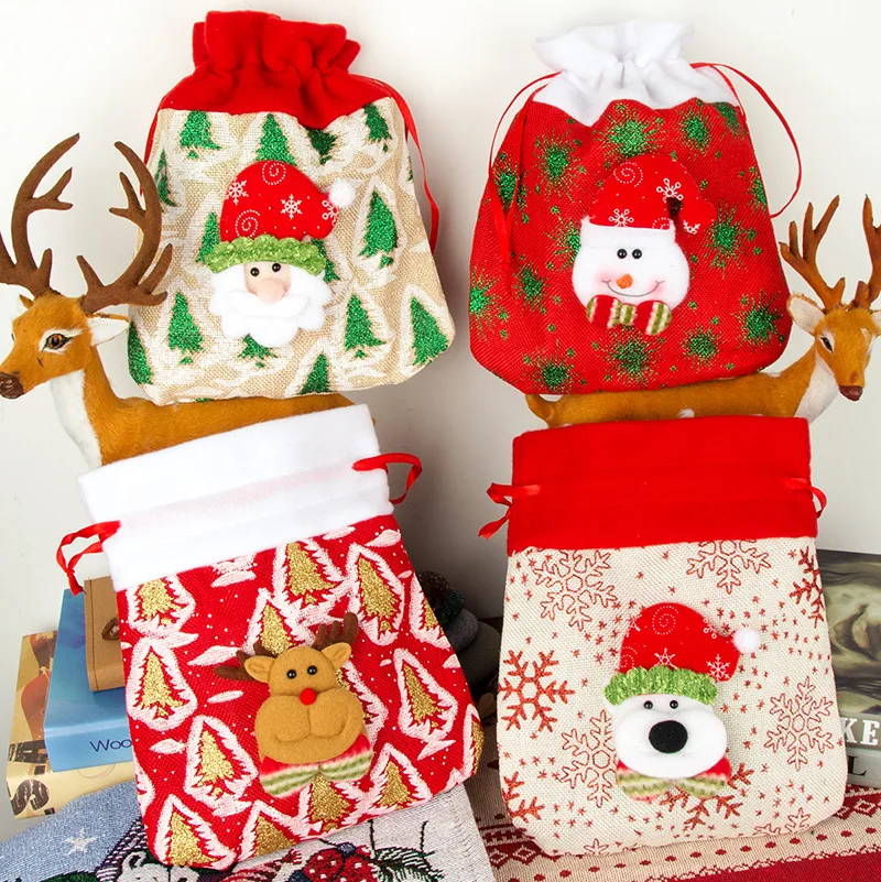 

Christmas Linen Gift Bag Cartoon Santa Snowman Elk Candy Bag Xmas Ornaments Happy 2024 New Year Merry Christmas Gift Bags
