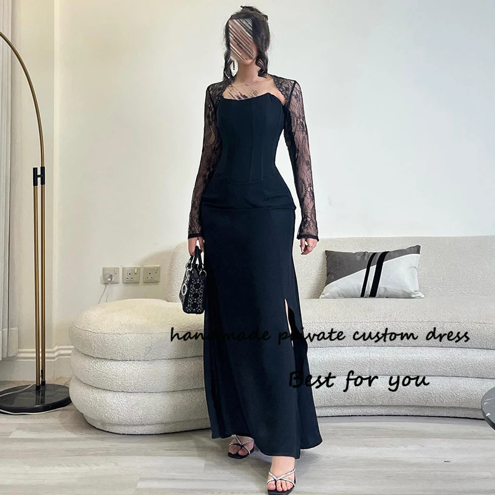 

Black Mermaid Evening Dresses Long Sleeve High Neck Arabian Dubai Formal Dress with Slit Floor Length Prom Party Gowns 2024