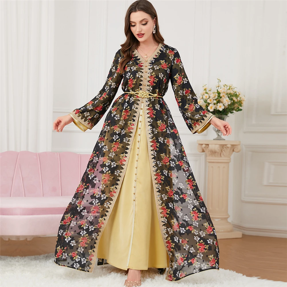 Floral Print Muslim 2 Piece Matching Set Open Abayas Dress Dubai Kaftan Turkey Morocco Party Caftan Arabic Gown Clothes Jalabiya
Floral Print Muslim 2 Piece Matching Set Open Abayas Dress Dubai Kaftan Turkey Morocco Party Caftan Arabic Gown Clothes Jalabiya