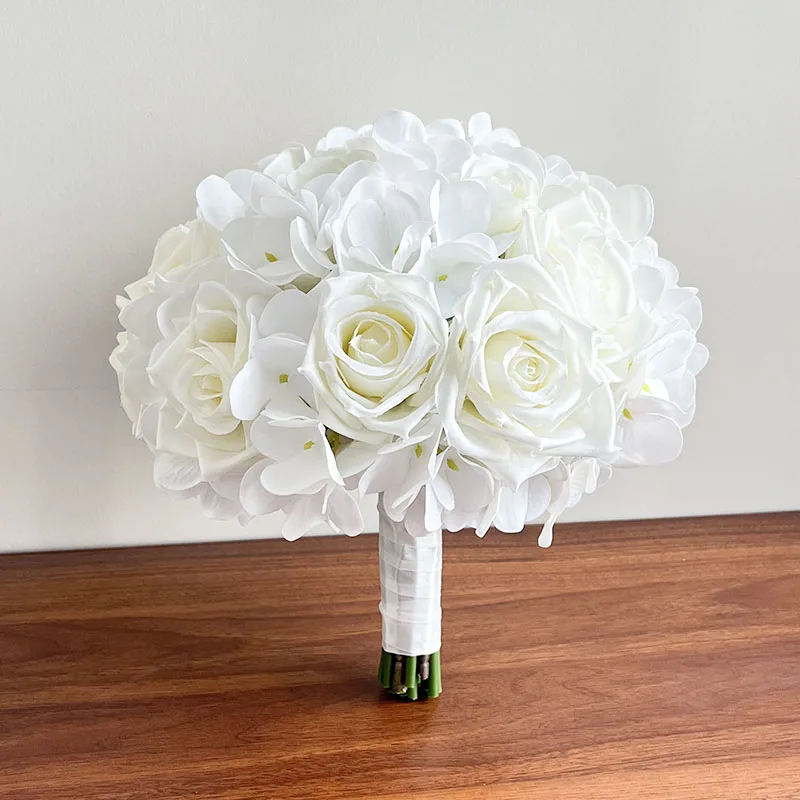 

Wedding Bridal Bouquet Corsage Bridesmaids Bride Boutonniere White Hydrangea Silk Roses Marriage Accessories Artificial Flowers