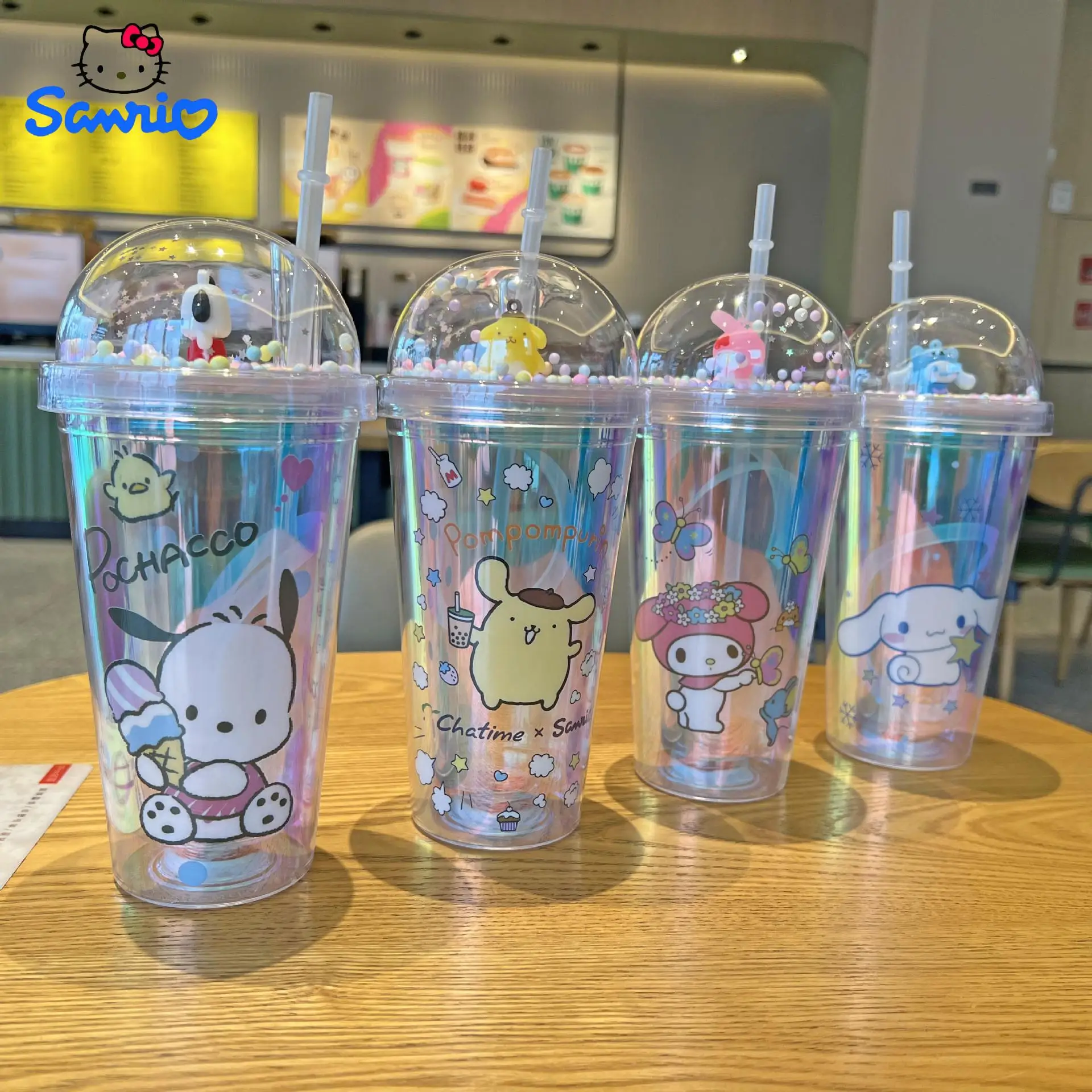 

Large Capacity Mug Sanrio 450ml Kawaii Cinnamoroll My Melody Kuromi Cartoon New Laser Double Layer Plastic Cup Straw Mug