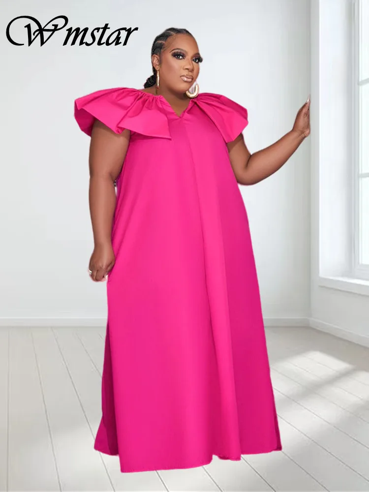 

Wmstar Plus Size Dresses for Women V Neck New In Summer Clothes Big Hem Sleeve Solid Elegant Maxi Dress Wholesale Dropshipping
