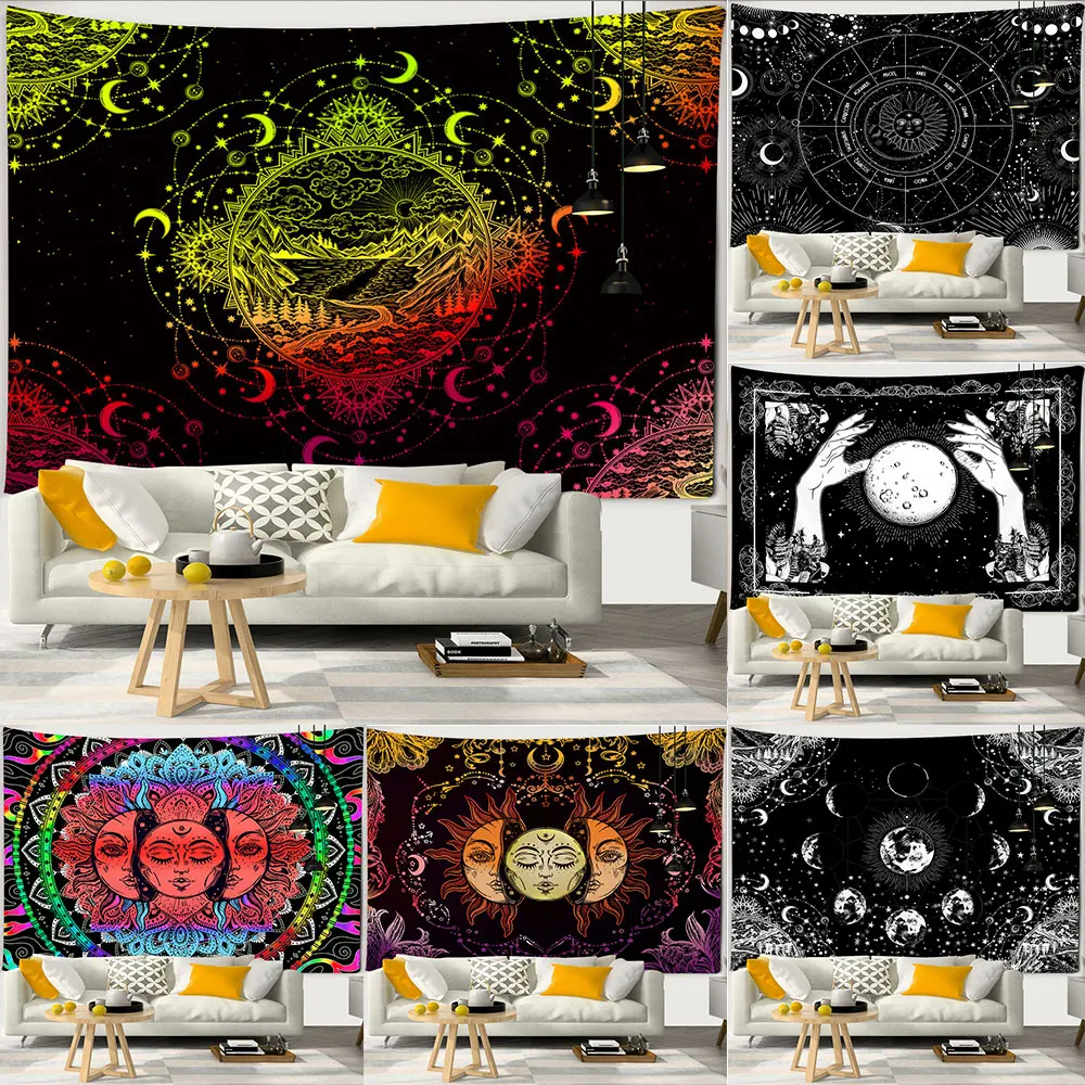 

Psychedelic Sun And Moon Mandala Tapestry Hippie Wall Hanging Indian Boho Witchcraft Moon Phase Tapestries Background Ceiling