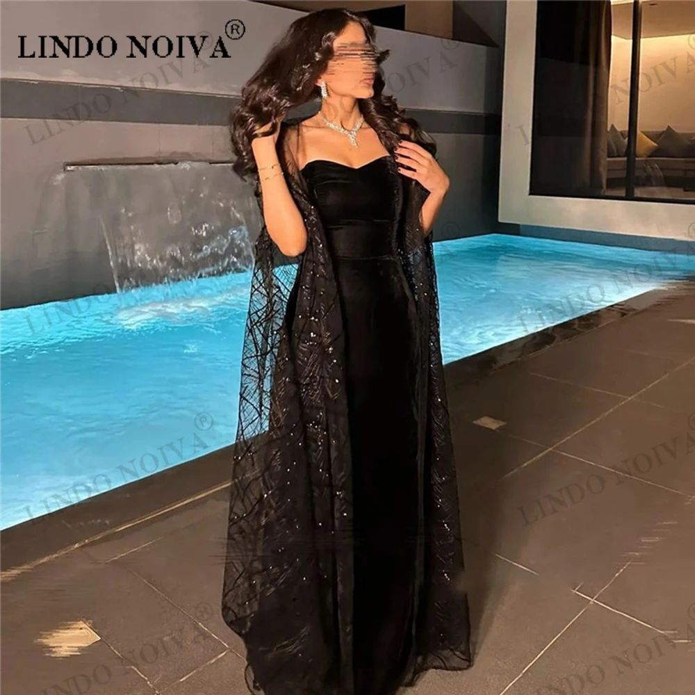 

LINDO NOIVA Black Lace Sequin Satin Evening Dresses Sparkly Saudi Arabic Women Party Gowns with Jacket Sweetheart Prom Dress