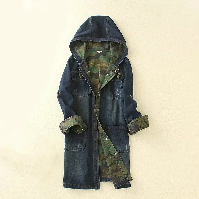

Winter Korean Camouflage Jacket Long Blue Denim Hooded Camo Jacket Slim Long Sleeve Female Coat Cotton Streetwear Windbreaker