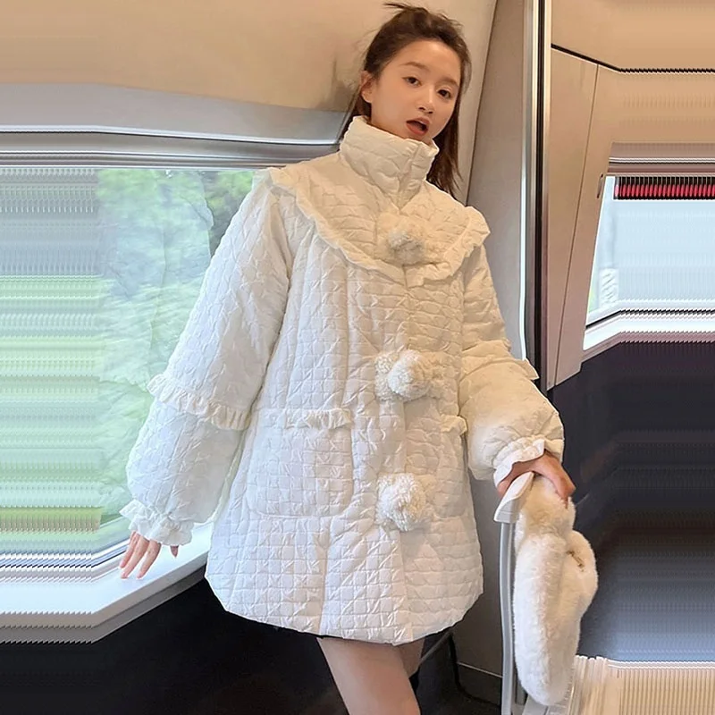 Winter White Stand Collar Puff Sleeve Ruffles Patchwork Cotton-padded Coat Women Casual Down Cotton Parkas Female Snowwear Coats
Winter White Stand Collar Puff Sleeve Ruffles Patchwork Cotton-padded Coat Women Casual Down Cotton Parkas Female Snowwear Coats