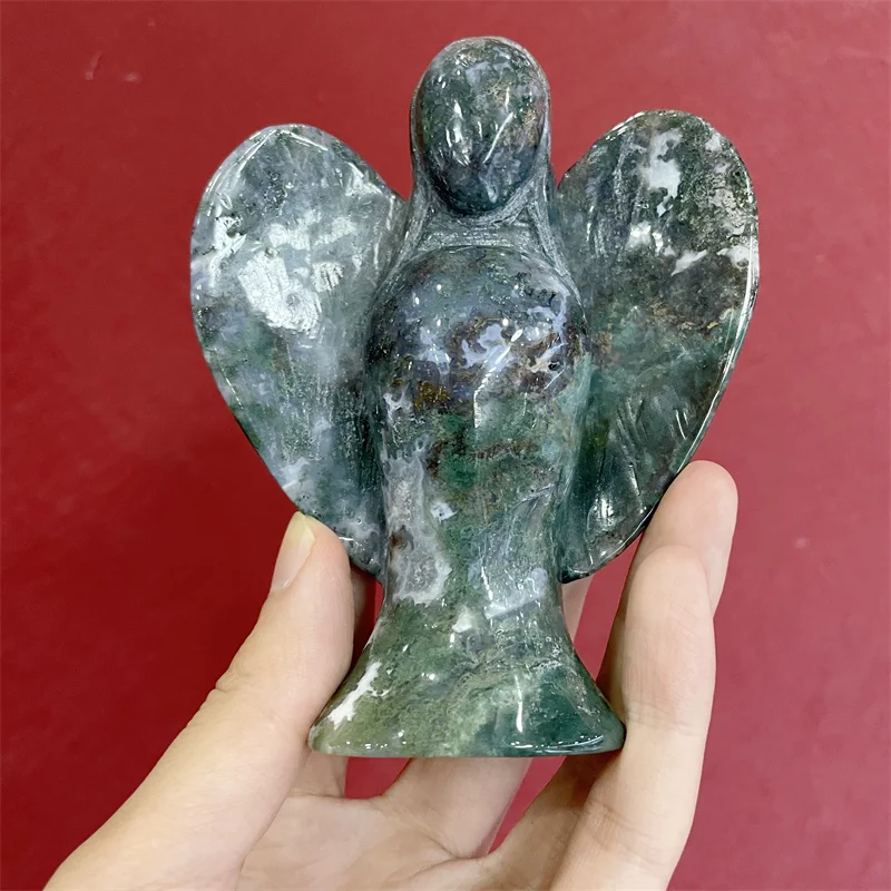 

11.5cm Natural Moss Agate Crystal Angel Carved Polished Statue Ornaments Chakra Healing Gemstones Decoration Gift 1pcs