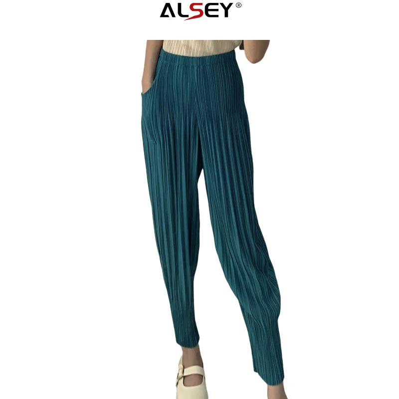 

ALSEY Miyake Pleated Solid Color Women's Radish Pants Loose Plus Size Casual Slim Commuter Models Girls Pants 2024 Summer New