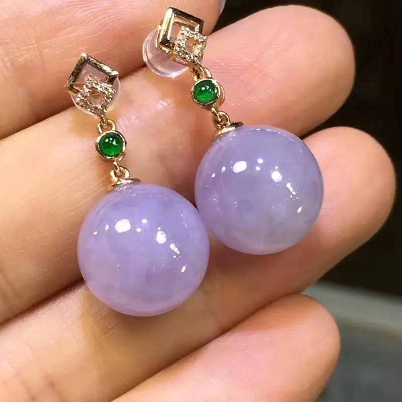 

Natural jade chalcedony violet Earrings S925 silver inlaid Round Bead Earrings Jewelry