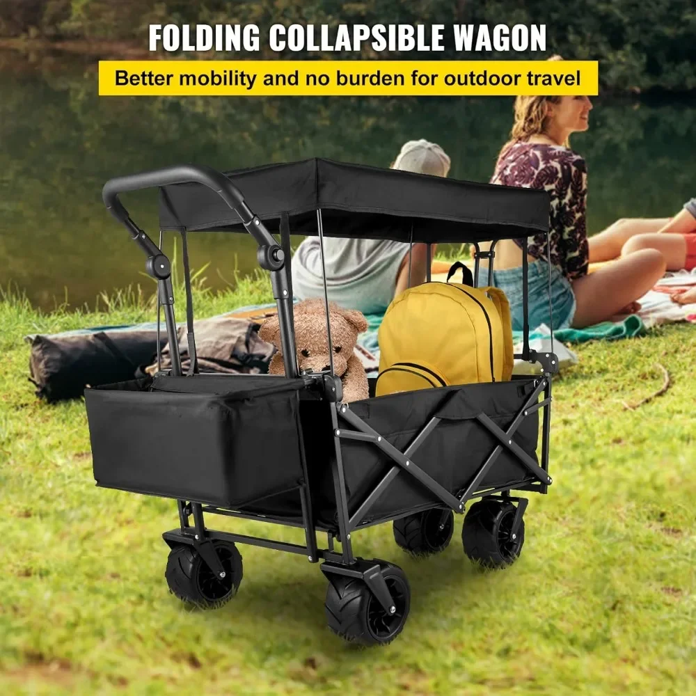 

Extra Large Collapsible Garden Cart with Removable Canopy, Folding Wagon Utility Carts with Wheels and Rear Storage, Wagon Cart