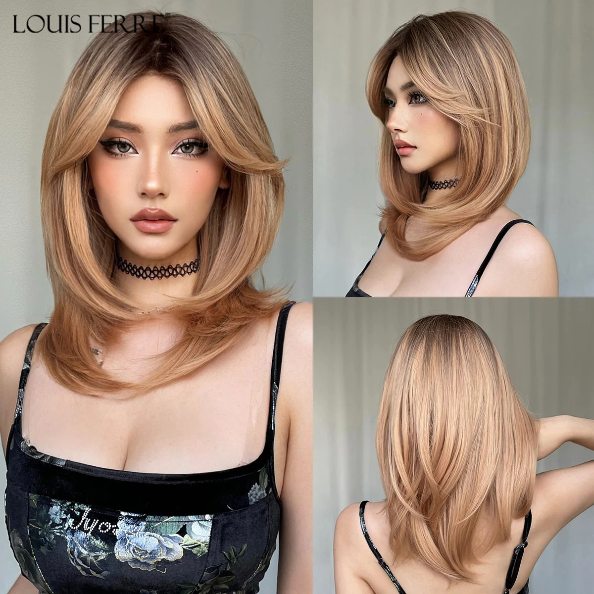 

LOUIS FERRE Ombre Blonde Layered Synthetic Wig Straight Medium Length Brown Wig With Bangs for Women Cosplay Natural Hair Wig