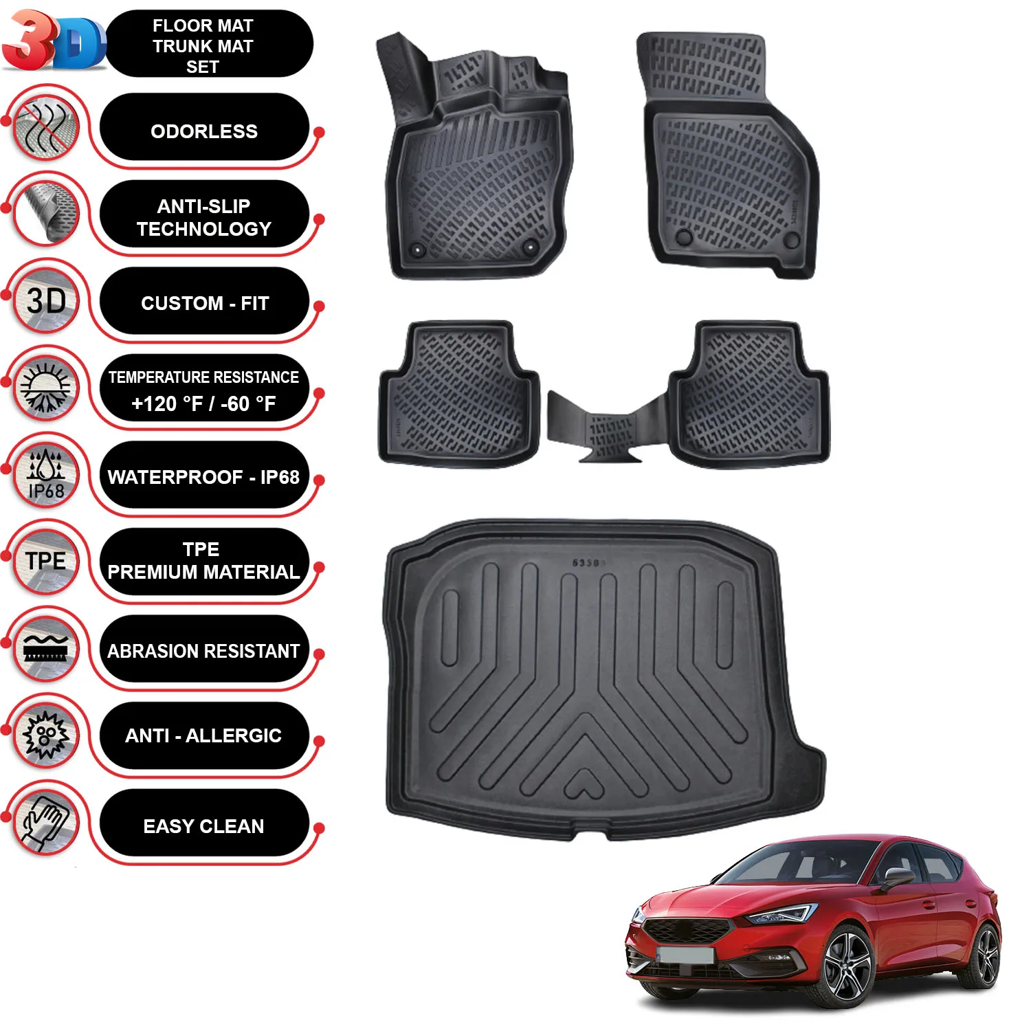 Seat Leon Automatic - (2020-2022) - Floor Mats + Cargo Trunk Liner - SET - (Black)
Seat Leon Automatic - (2020-2022) - Floor Mats + Cargo Trunk Liner - SET - (Black)
