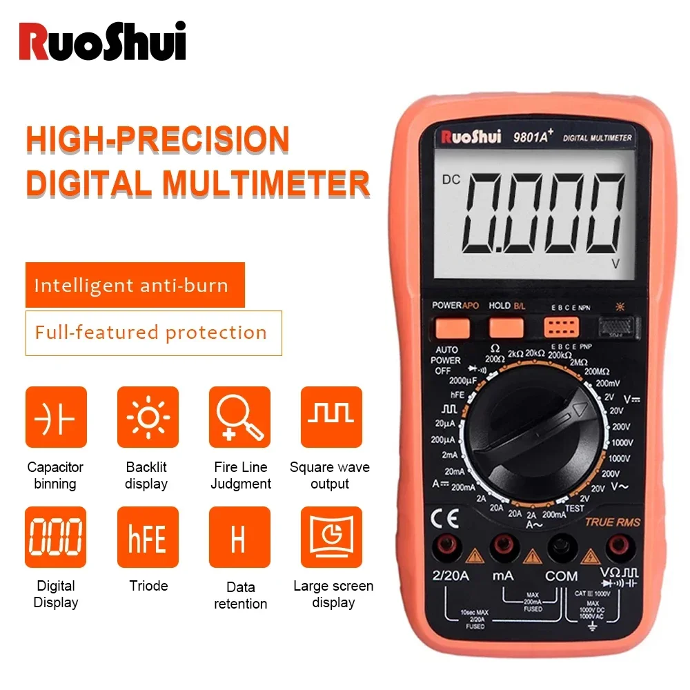RuoShui Digital Multimeter True RMS 20mF High Precision AC/DC Voltage 20A Triode Temperature Capacitance Transistor Wires Tester
RuoShui Digital Multimeter True RMS 20mF High Precision AC/DC Voltage 20A Triode Temperature Capacitance Transistor Wires Tester
