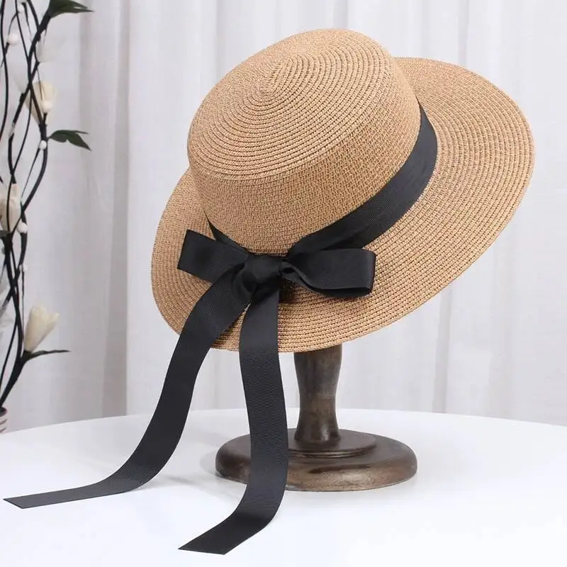 

Summer Straw Hat For Women 2024 New French Ribbon Bow Flat Brim Sun Hat Casual Ladies Sun Protection Outdoor Beach Hat gorras 모자