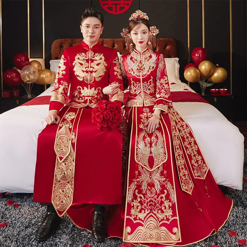 

Yourqipao 2023 New Chinese Couple Mandarin Collar Cheongsam Toast Clothing Costume Dragon and Phoenix Embroidery Wedding Dress