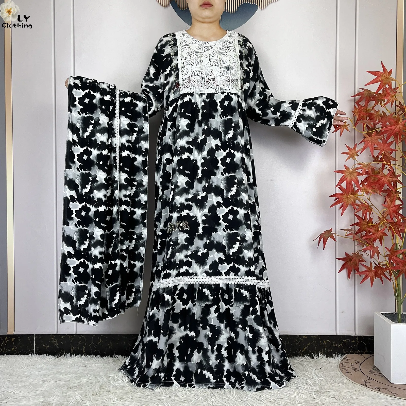 فستان نسائي جديد موضة 2026 بتصميم زهري وأكمام طويلة من القطن مع وشاح كبير، قفطان دبي، فستان فضفاض كاجوال، فساتين أفريقية فستان نسائي جديد موضة 2026 بتصميم زهري وأكمام طويلة من القطن مع وشاح كبير، قفطان دبي، فستان فضفاض كاجوال، فساتين أفريقية