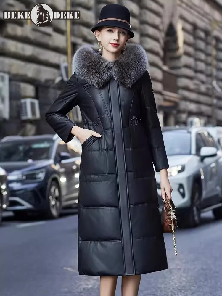 

Winter Women Fox Fur Collar Hooded Long White Goose Down Jacket Slim Thick Warm Trench Coat Sheepskin Genuine Leather Overcoat