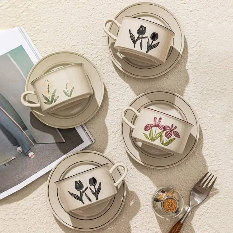 380ML Retro Coffee Cup with Saucer Ceramic Mug Set Hand-painted Literary Afternoon Tea Cup Set Couple Gift
380ML Retro Coffee Cup with Saucer Ceramic Mug Set Hand-painted Literary Afternoon Tea Cup Set Couple Gift