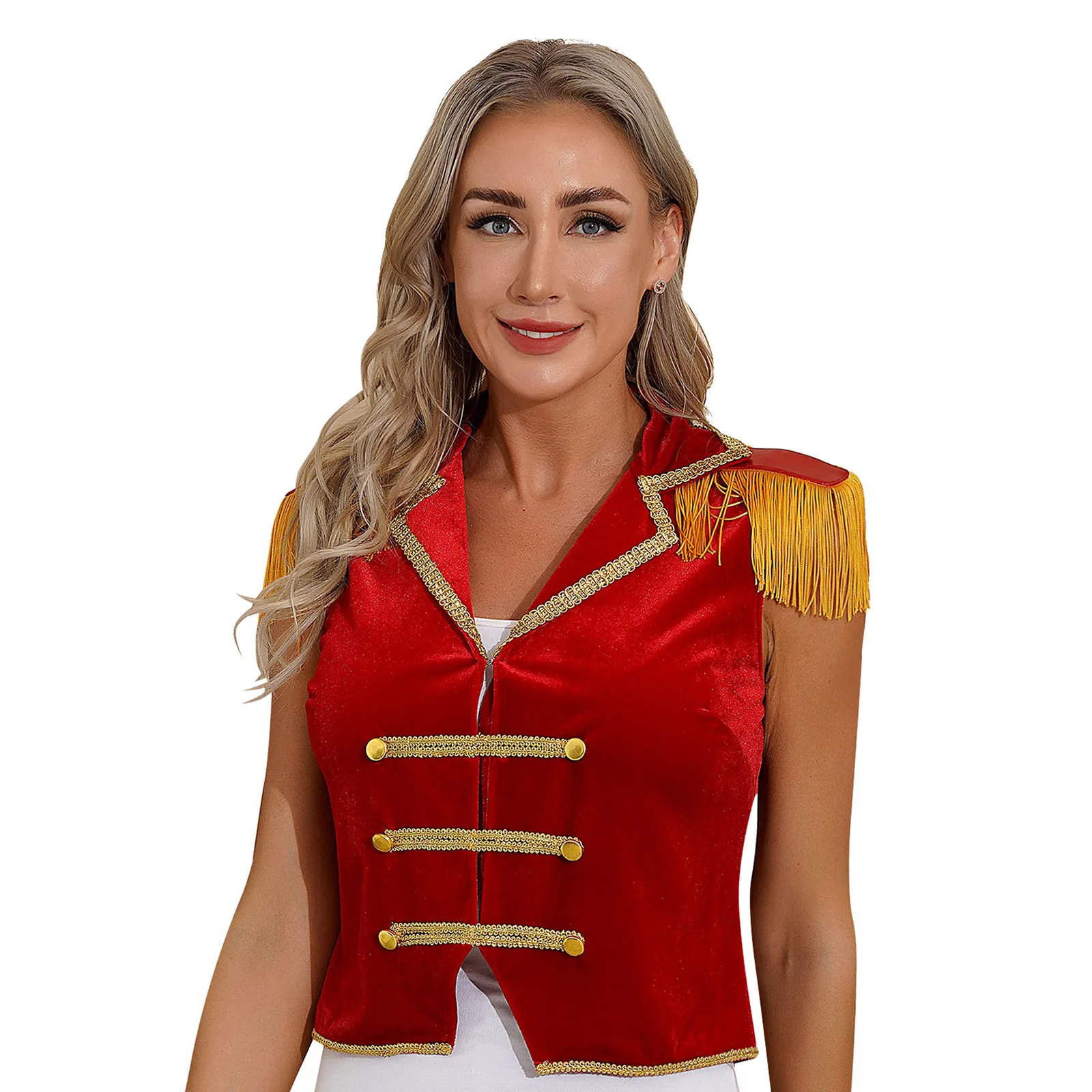 

Womens Circus Ringmaster Vest Halloween Cosplay Fancy Dress Up Costume Lapel Sleeveless Tassels Waistcoat Button Vest Tops