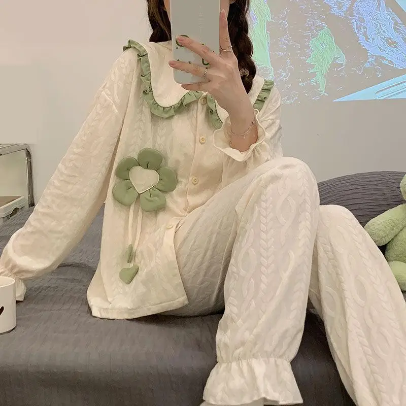 Lapel Pijamas Sleep Suit Spring Autumn Sleepwear Women Two Piece Pajamas Set Casual Long Sleeve Shirt Trousers PJS Home Clothes
Lapel Pijamas Sleep Suit Spring Autumn Sleepwear Women Two Piece Pajamas Set Casual Long Sleeve Shirt Trousers PJS Home Clothes