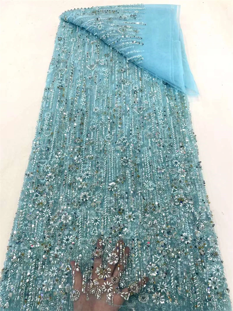 

Nigerian Latest Lace Fabric with Sequins, Tulle Sewing, Heavy Embroidery Dresses, Beads Lace, High Quality, 5 Yards, 2024