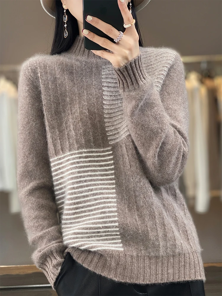 Autumn and Winter New Retro Half High Neck 100% Woolen Sweater with Contrast Stripe Women's Loose Wool Knitted Bottom
Autumn and Winter New Retro Half High Neck 100% Woolen Sweater with Contrast Stripe Women's Loose Wool Knitted Bottom